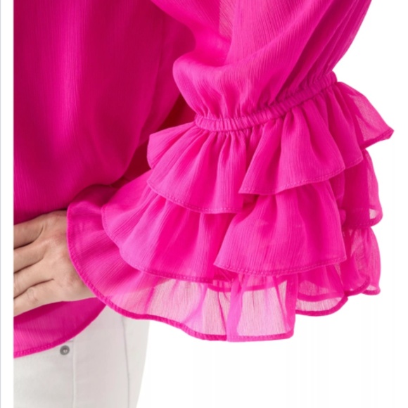 CeCe Elegant Red Ruffled sleeve Women's smocked off shoulder blouse top.  #492 - Picture 14 of 15